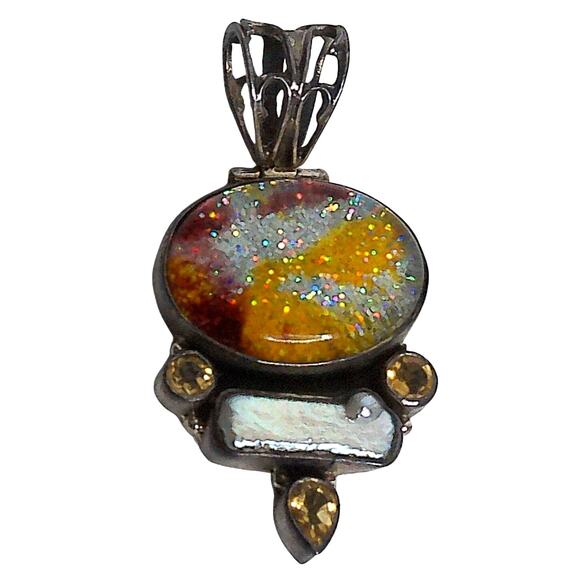 Unknown Jewelry - Vintage 925 Sterling Silver Multi Color Dichroic Glass Citrine Pendant